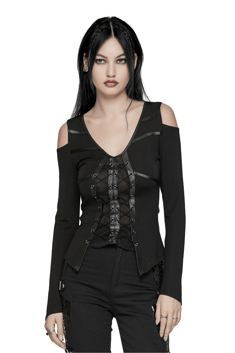 Black Punk Knit Top with Drawstring and Cut-Out Details