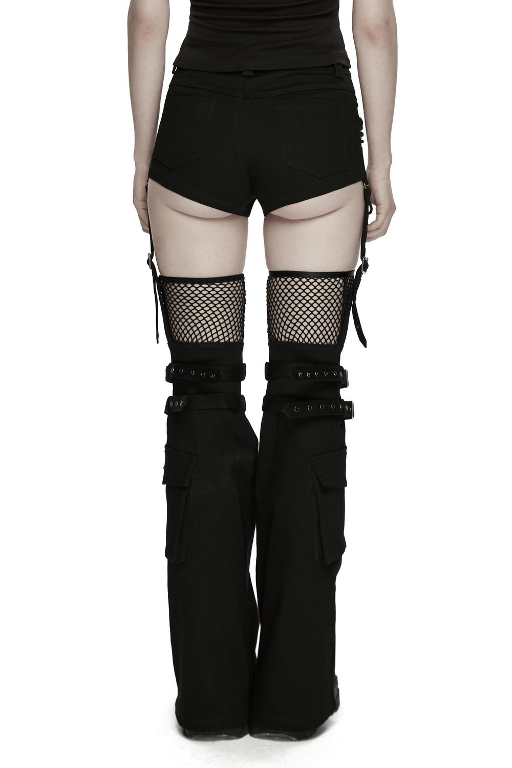 Black Punk Lace Up Shorts and Detachable Flared Pants with fishnet details and a stylish back view.