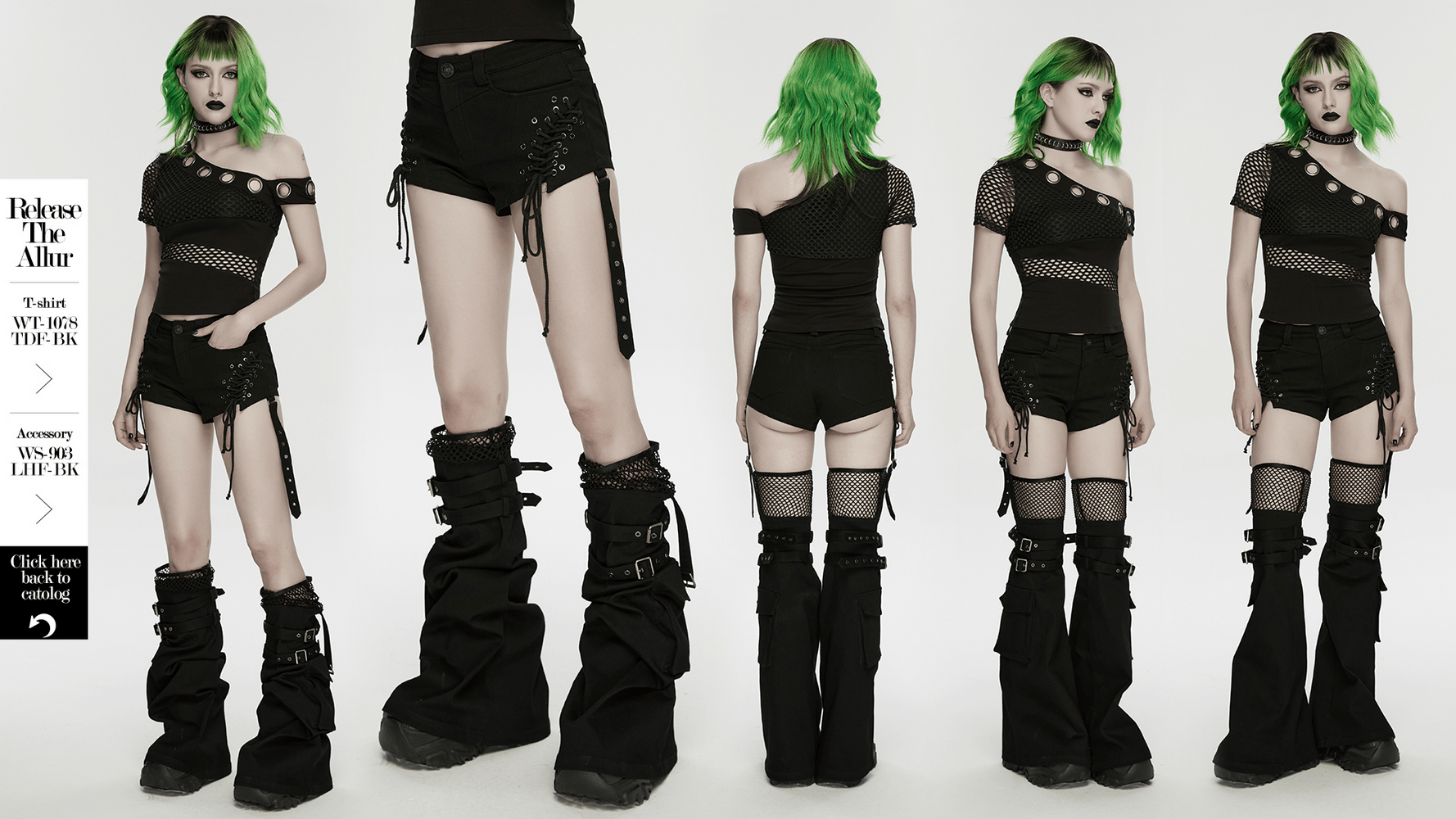 Black Punk Lace Up Shorts and Detachable Flared Pants showcased from multiple angles with a model in an edgy look.