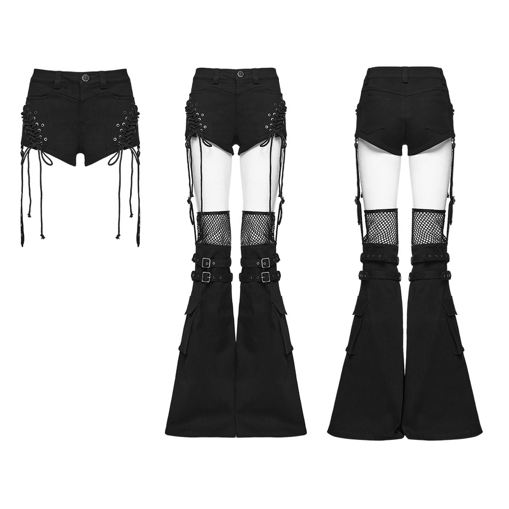 Black Punk Lace Up Shorts and Detachable Flared Pants displayed in three stylish views.