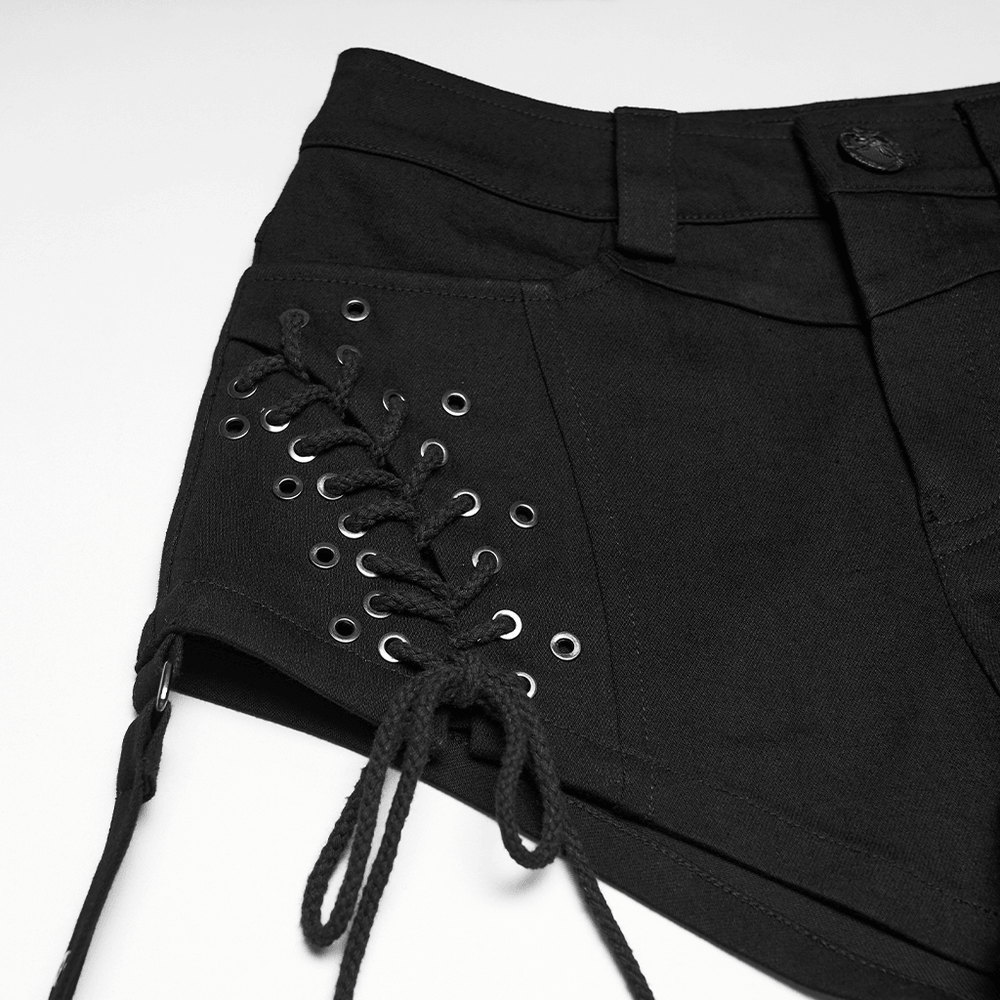 Black Punk Lace Up Shorts and Detachable Flared Pants detail showing stylish lace-up design and edgy black fabric.