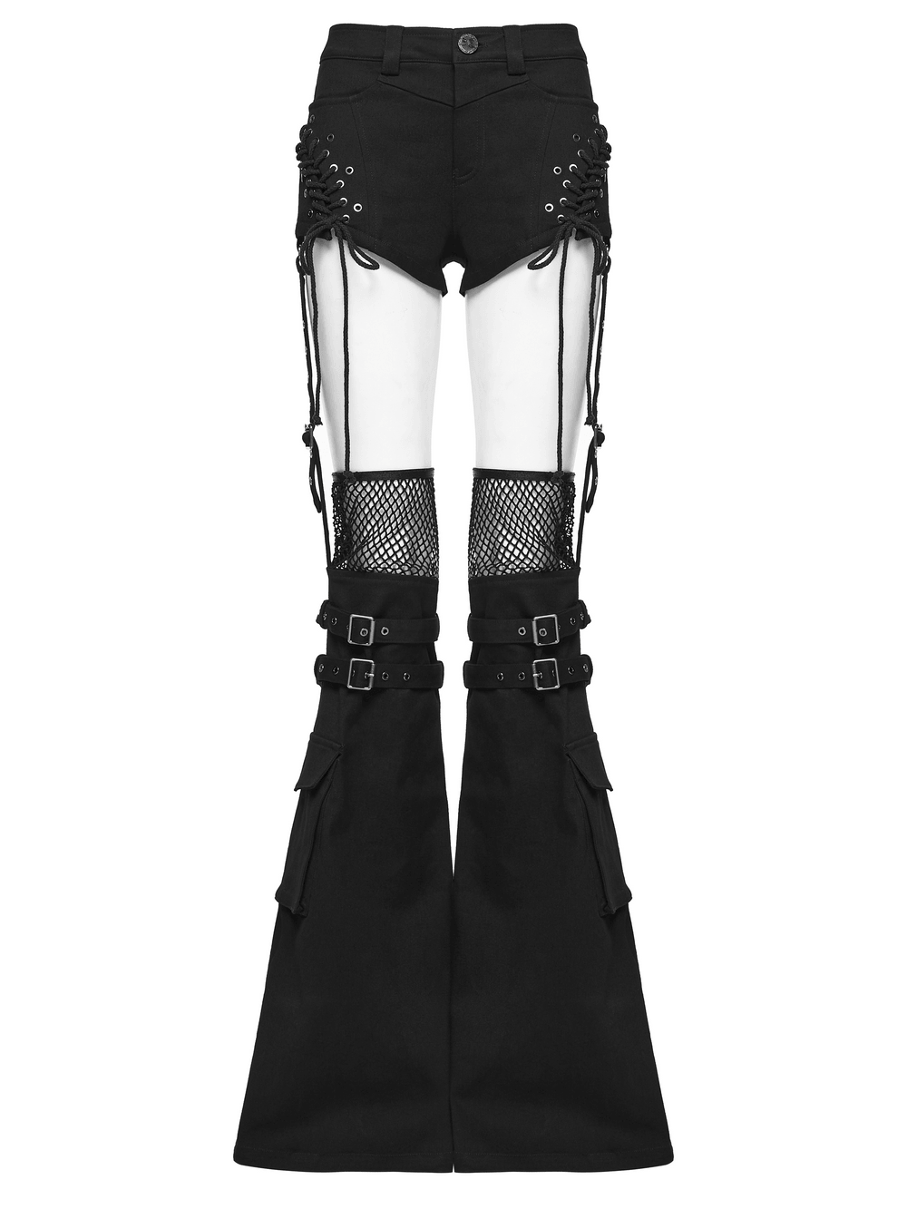 Black Punk Lace Up Shorts and Detachable Flared Pants featuring unique lace-up design and trendy flared silhouette.