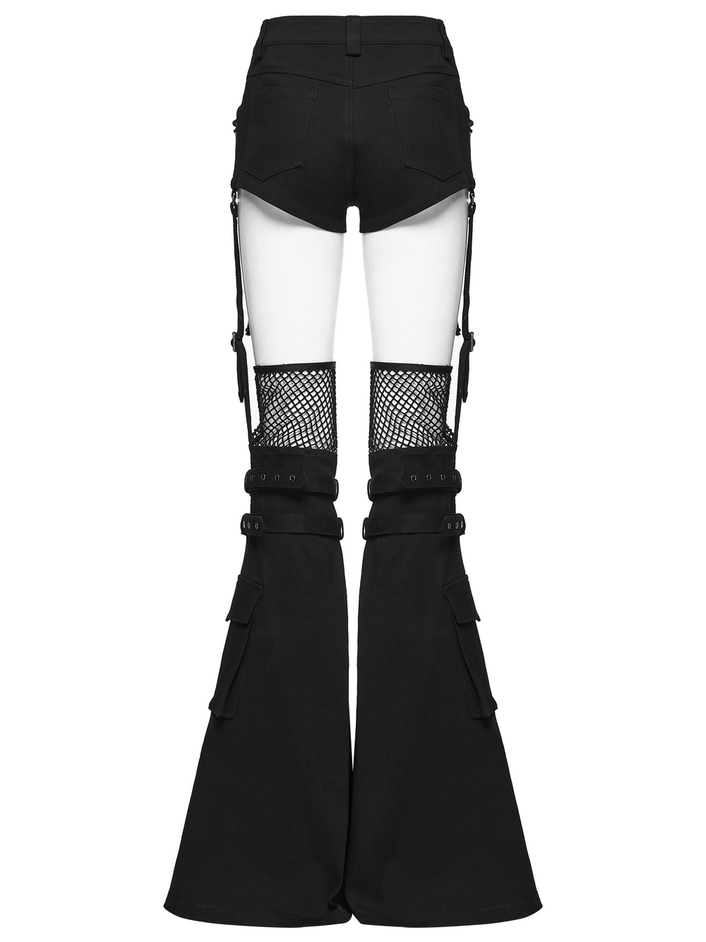 Black Punk Lace Up Shorts and Detachable Flared Pants back view showcasing stylish design and unique features.