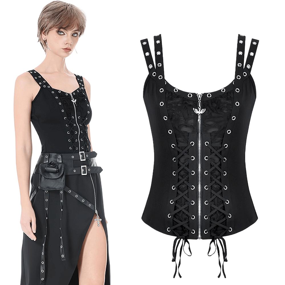 Black Punk Lace-Up Top with Studded Straps and Zipper featuring a striking lace-up design and zipper front.