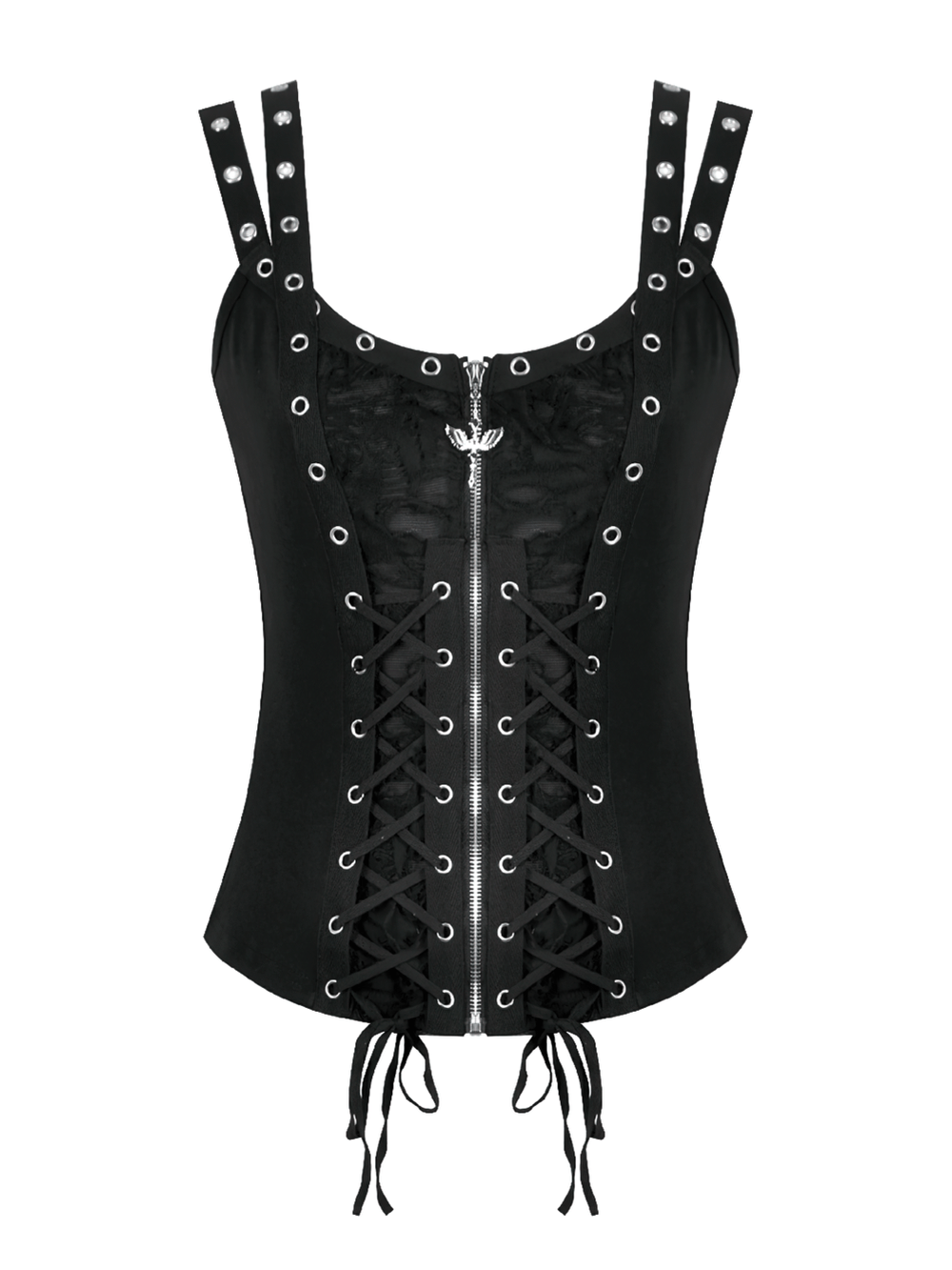 Black Punk Lace-Up Top with Studded Straps and Zipper featuring lace-up design and studded straps.
