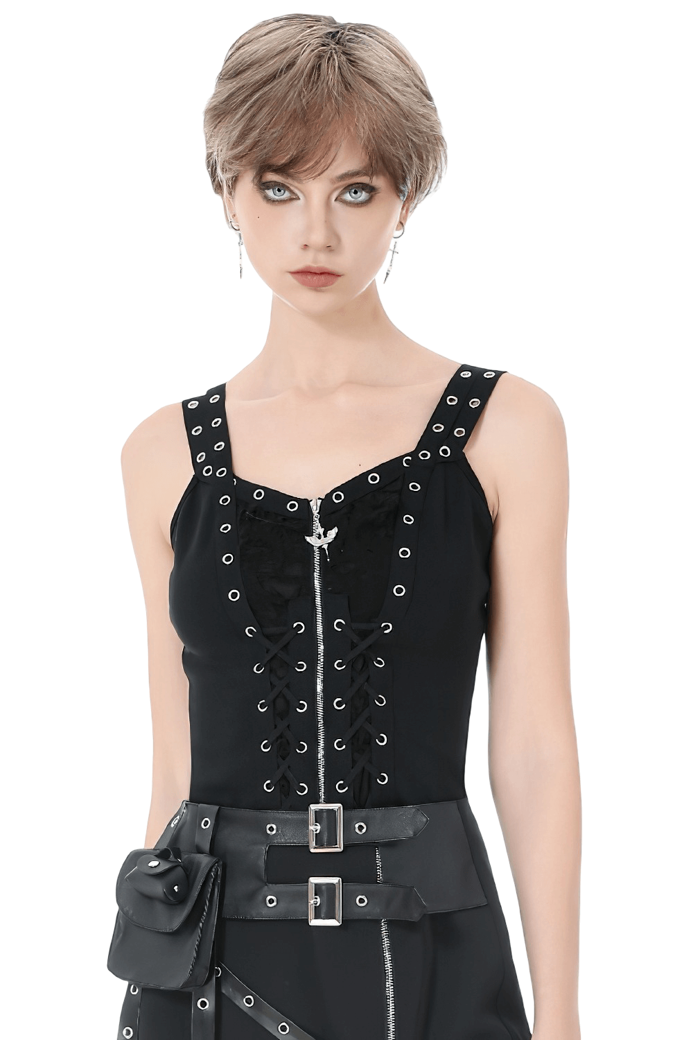 Black Punk Lace-Up Top with Studded Straps and Zipper worn by a model showcasing its edgy design and flattering fit.