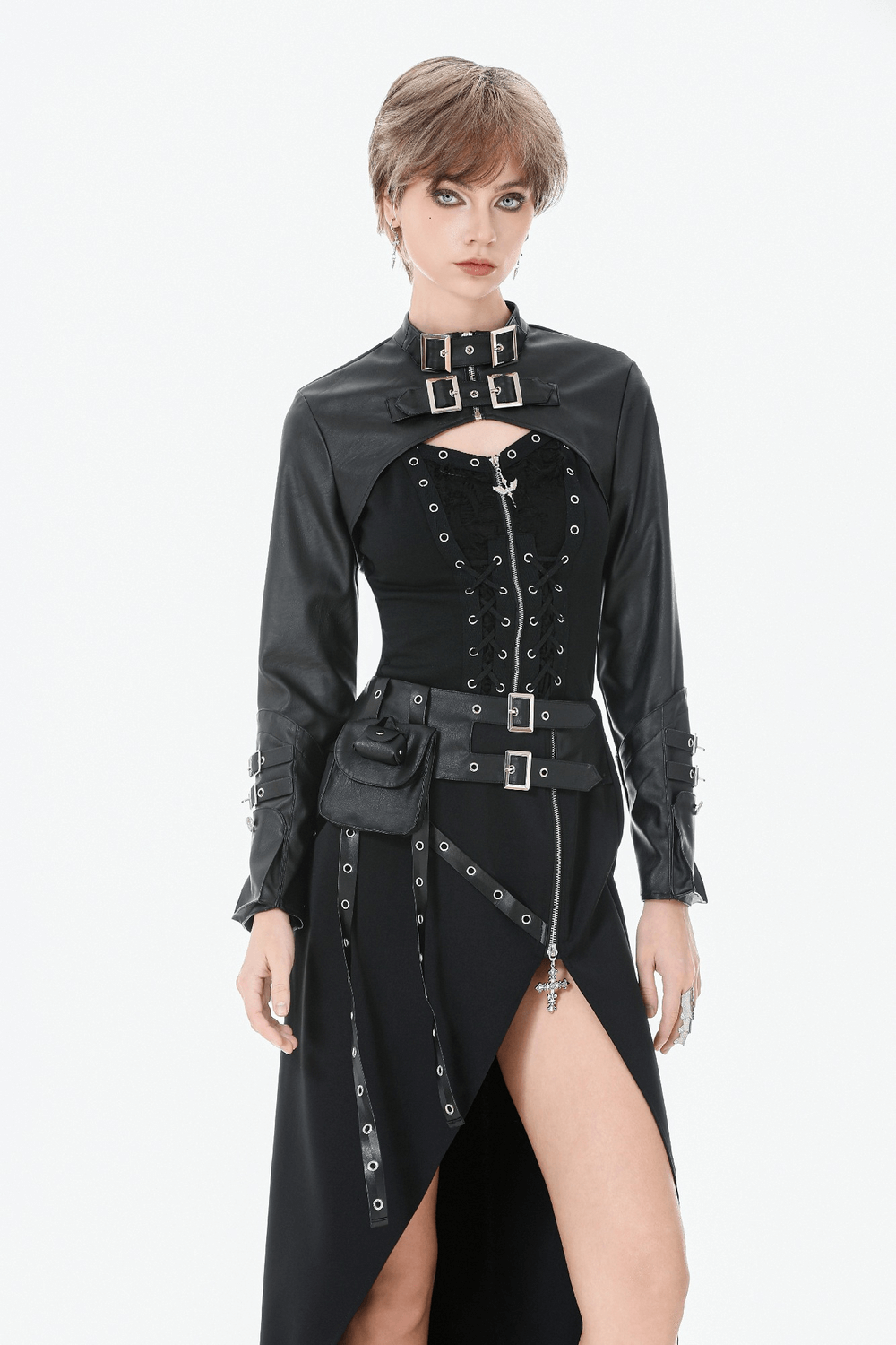 Black Punk Lace-Up Top with Studded Straps and Zipper worn by a model with a bold and edgy look.