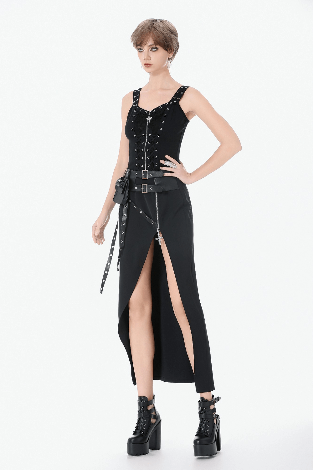 Black Punk Lace-Up Top with Studded Straps and Zipper showcased on model with edgy aesthetic.