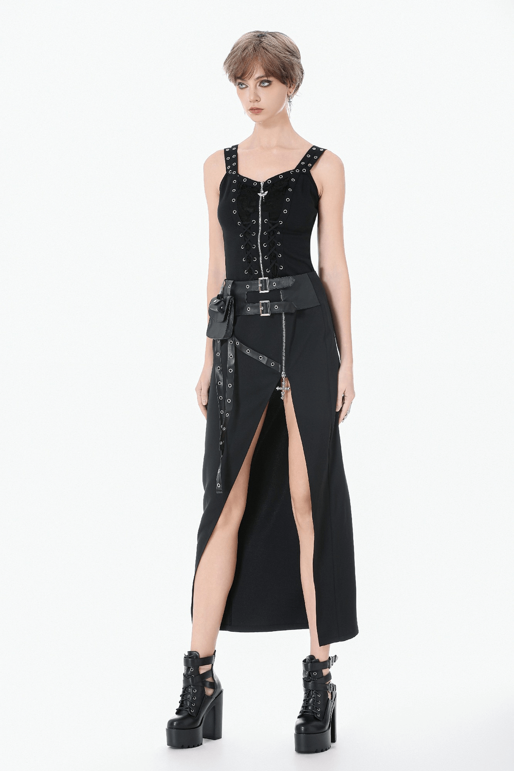 Black Punk Lace-Up Top with Studded Straps and Zipper worn by model, showcasing edgy gothic style and lace-up design.