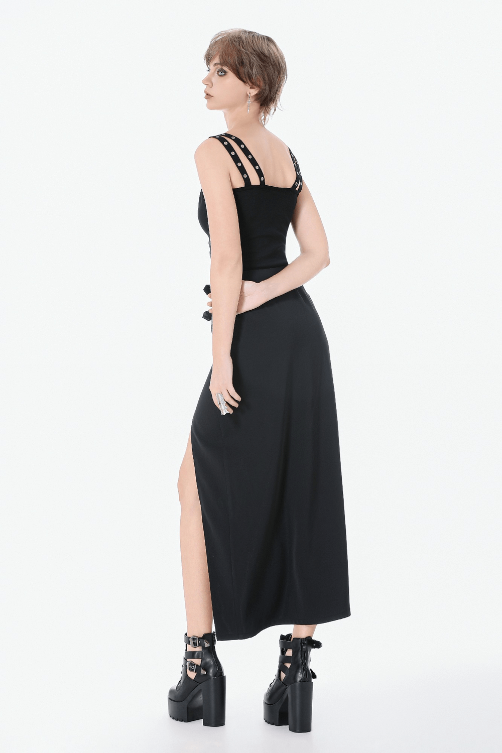 Black Punk Lace-Up Top with Studded Straps and Zipper worn back view with adjustable lacing and daring side slit.
