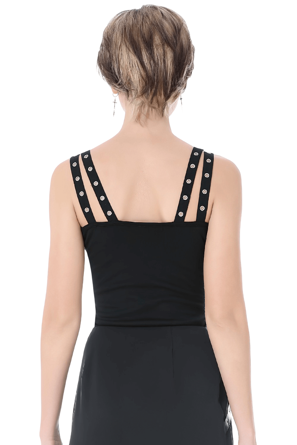 Black Punk Lace-Up Top with Studded Straps and Zipper, showing the back view with studded straps.