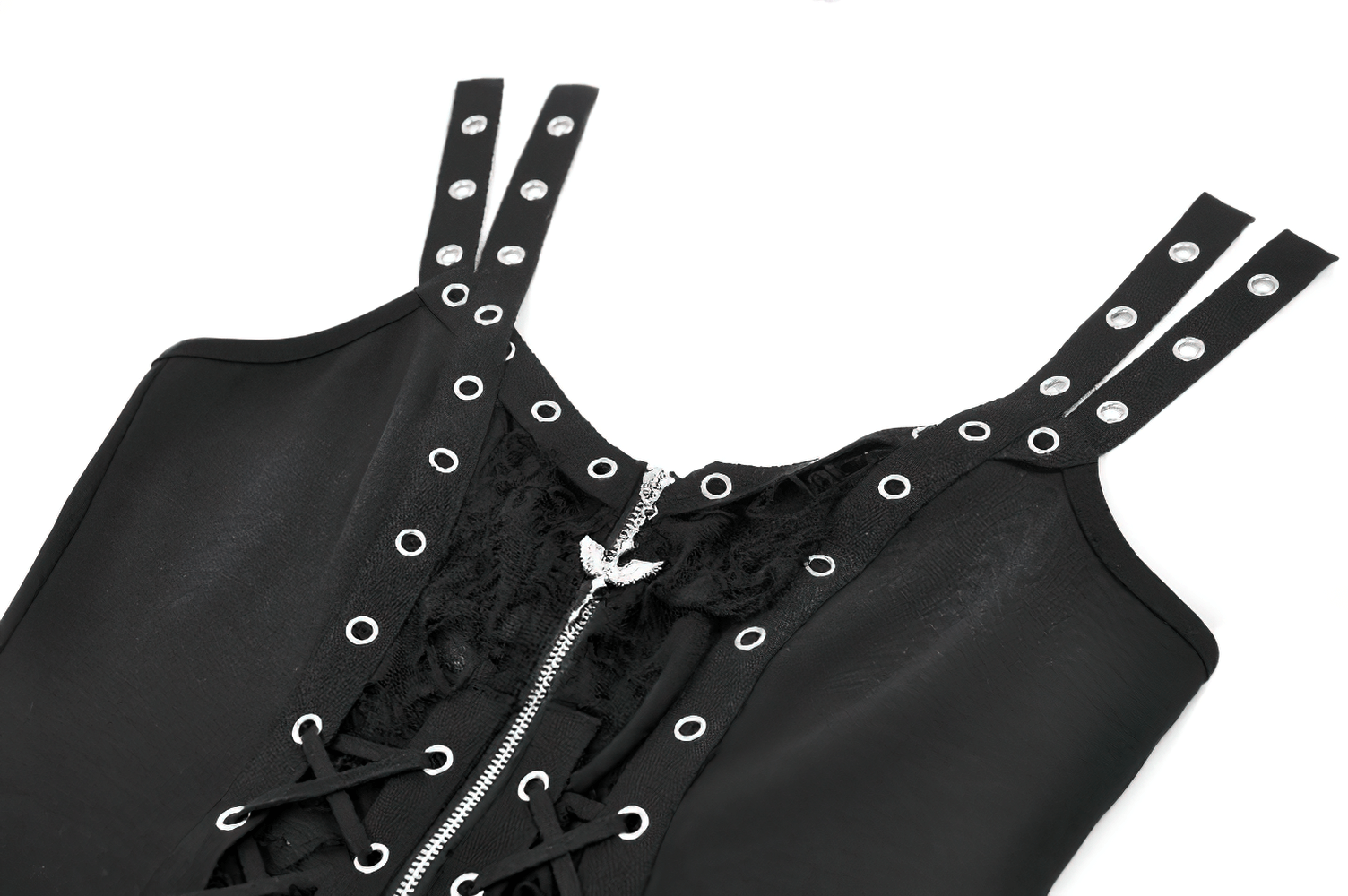 Black Punk Lace-Up Top with Studded Straps and Zipper showcasing lace-up detailing and studded straps.