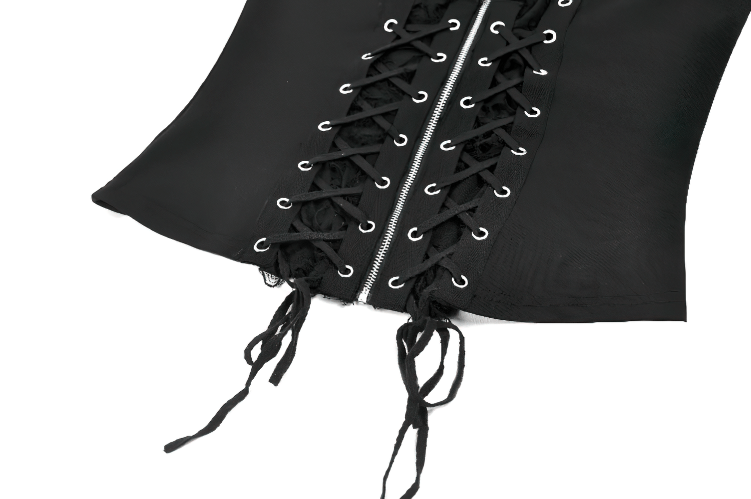 Black Punk Lace-Up Top with Studded Straps and Zipper showcasing its striking lace-up design and zipper front.