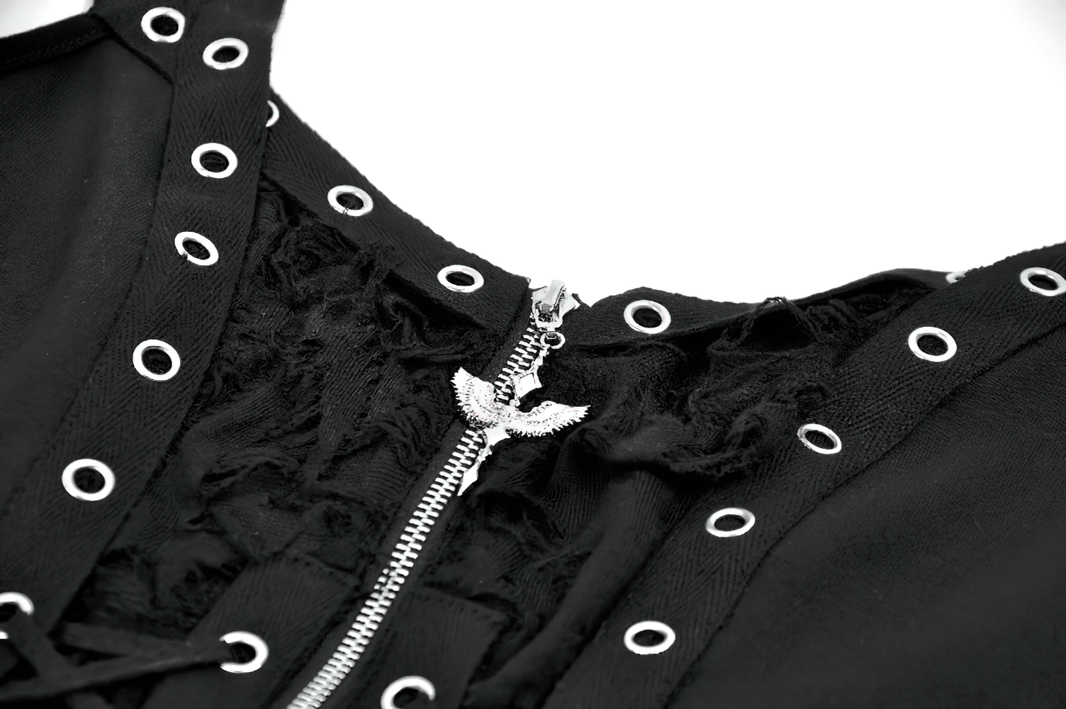 Close-up view of the Black Punk Lace-Up Top with Studded Straps and Zipper, featuring lace-up detailing and zipper design.