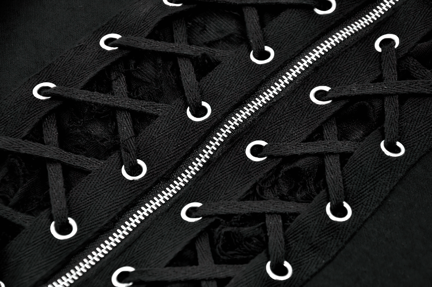 Black Punk Lace-Up Top with Studded Straps and Zipper showing detailed lace-up design and zipper placement.