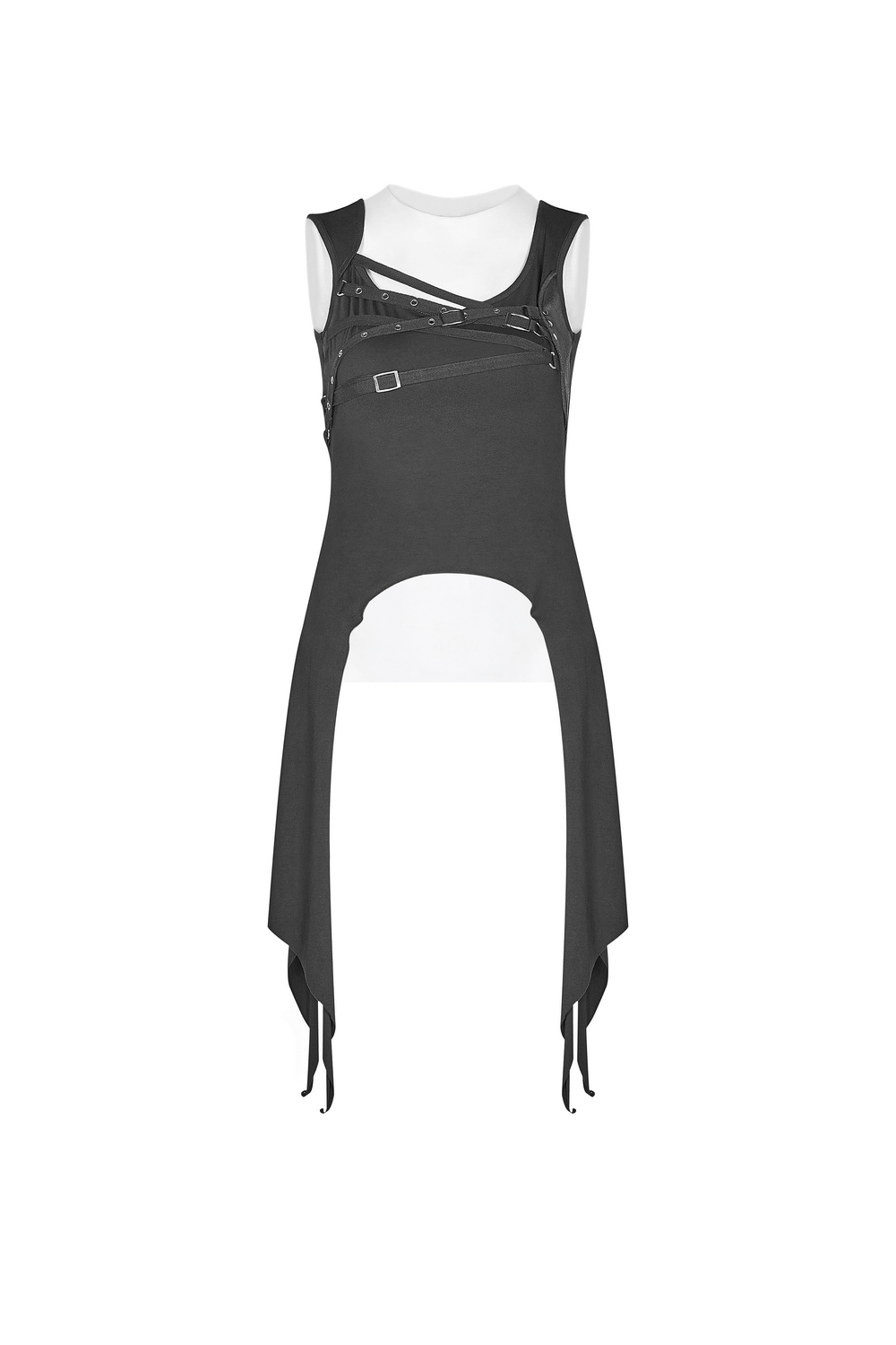 Black punk long tank top with adjustable straps and unique front decoration for edgy everyday style.