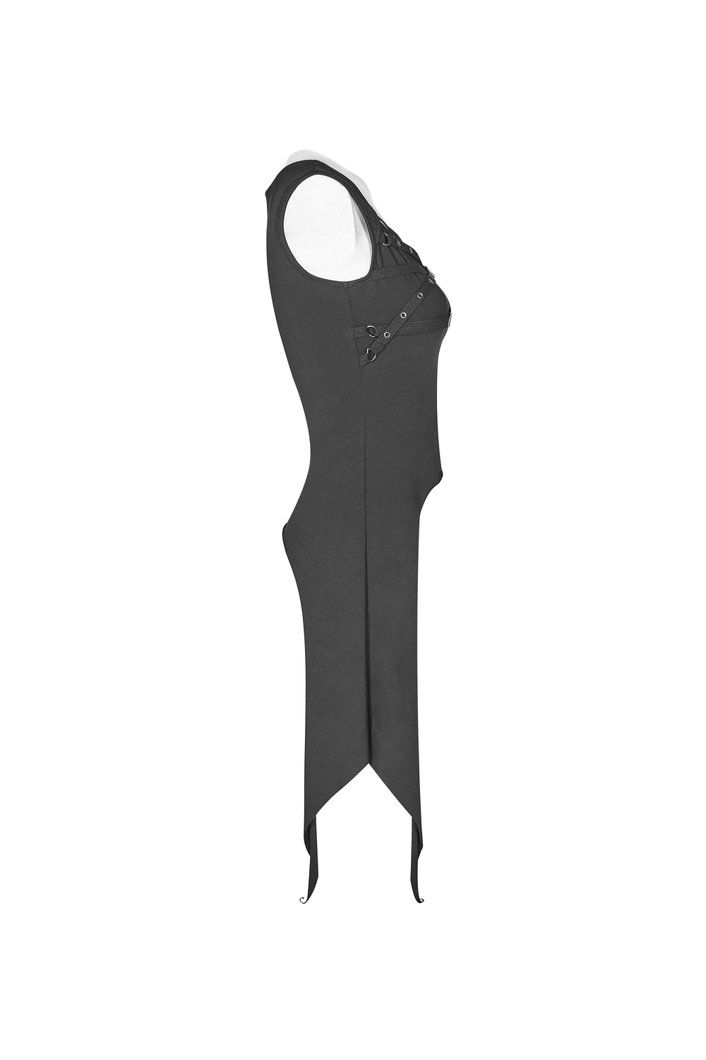 Black punk long tank top with adjustable straps showcasing unique front chest decoration.