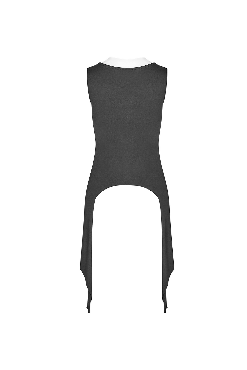 Back view of a black punk long tank top with adjustable straps and unique hem design.
