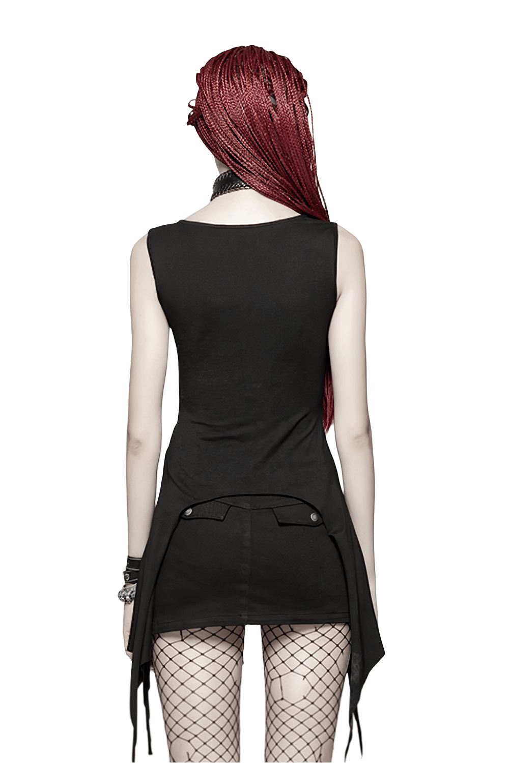 Back view of a black punk long tank top with adjustable straps, perfect for daily edgy style.