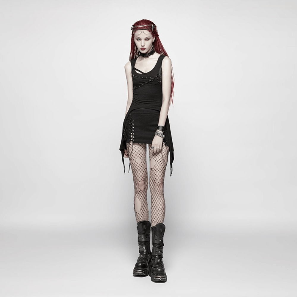 Edgy black punk long tank top with adjustable straps and decorative front, paired with fishnet tights and bold boots.