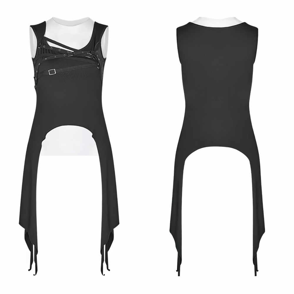 Black punk long tank top with adjustable straps and edgy design for stylish everyday wear.
