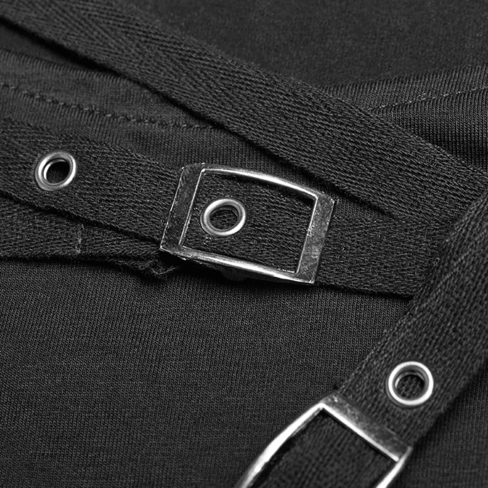 Close-up of adjustable straps on a black punk tank top, featuring unique strap decoration for a stylish look.