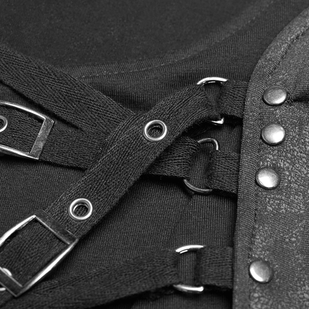 Close-up of black punk tank top straps featuring unique strap decoration and metal details.