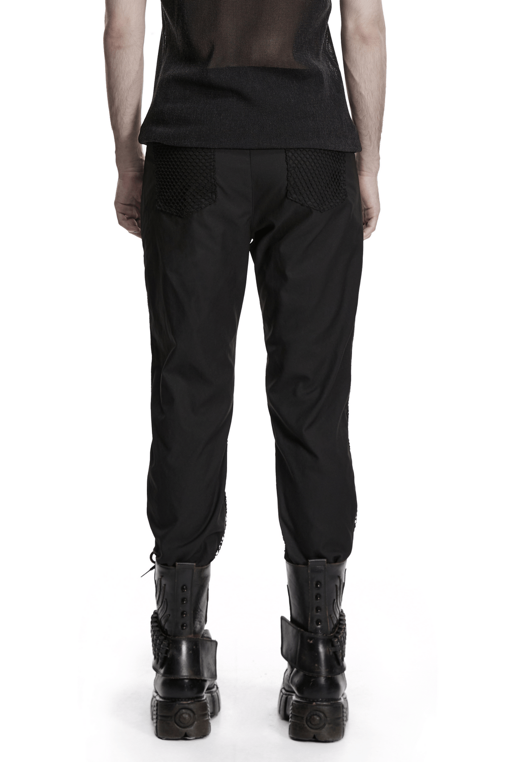 Black Punk Mesh Buckle Pants with Textured Front showcased from the back, featuring dark mesh panels and a edgy silhouette.