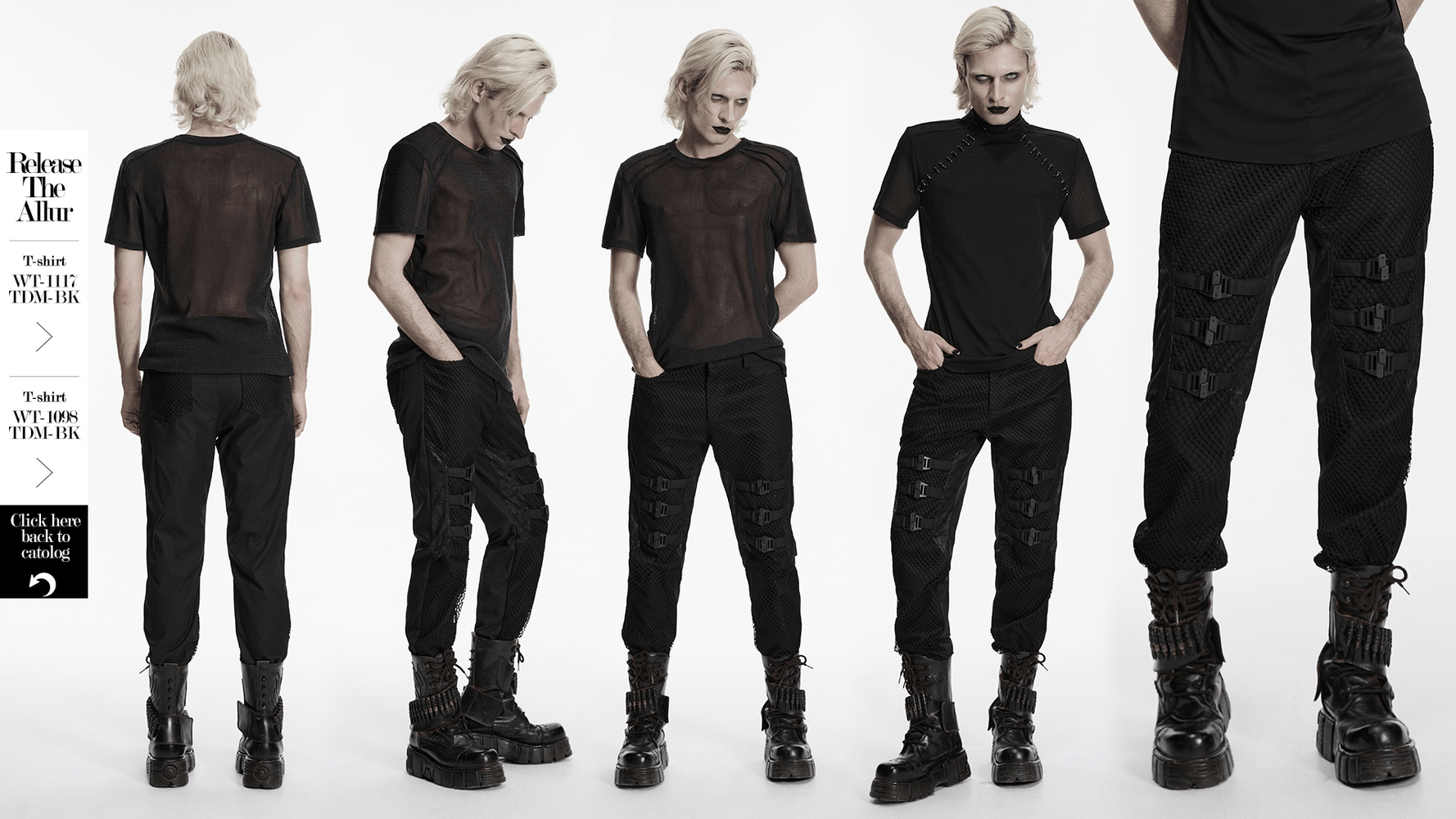 Black Punk Mesh Buckle Pants with Textured Front showcased in a stylish monochrome setting.