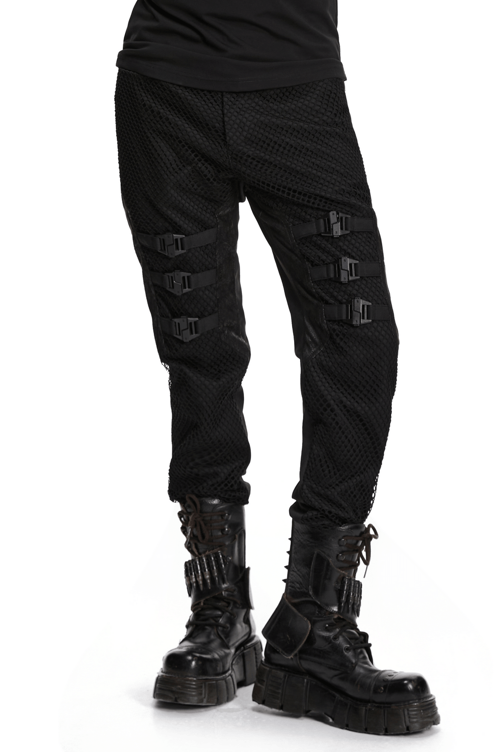 Black Punk Mesh Buckle Pants with Textured Front showcasing unique buckle details and dark mesh panels.