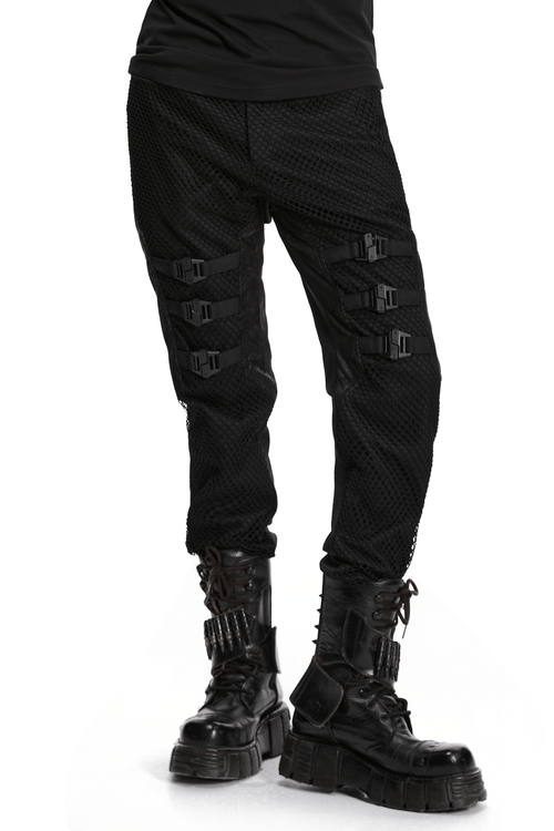 Schwarze Punk-Mesh-Schnallenhose mit texturierter Vorderseite