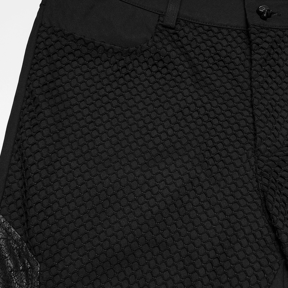 Close-up of the Black Punk Mesh Buckle Pants with Textured Front showcasing unique mesh fabric and textured details.