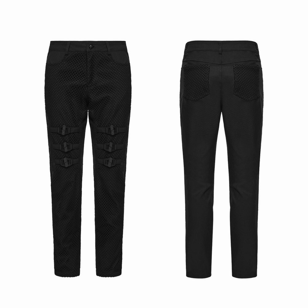 Black Punk Mesh Buckle Pants with Textured Front showcasing a sleek design and striking buckle detail.