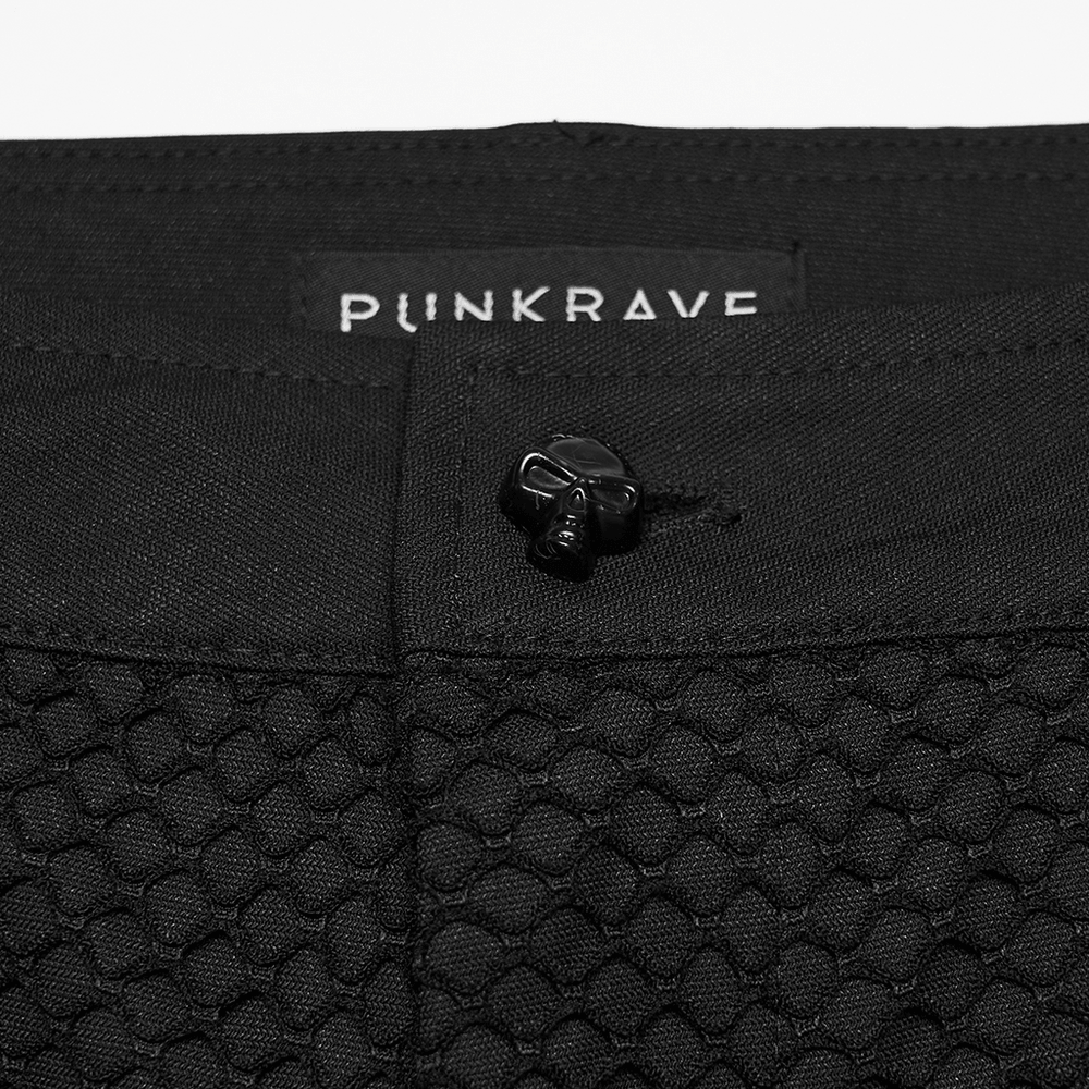 Black Punk Mesh Buckle Pants with Textured Front waistband detail featuring skull button and unique fabric texture.