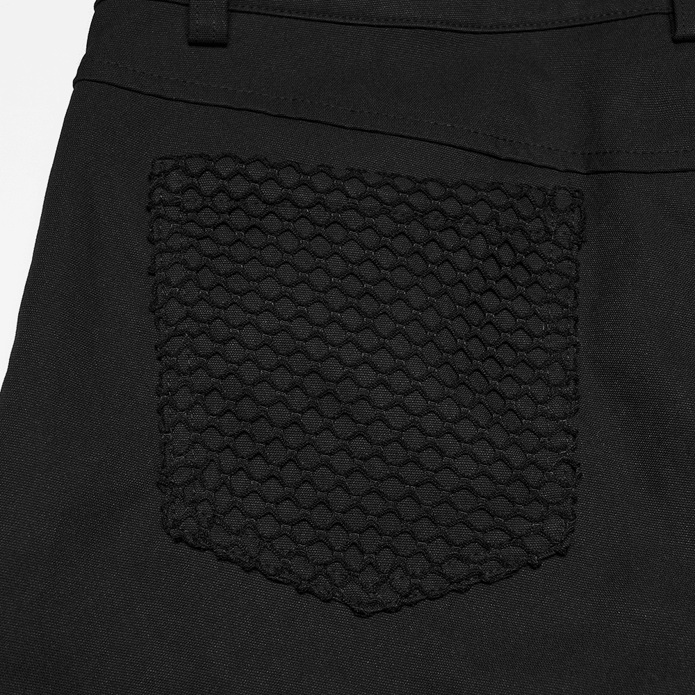 Close-up of the textured mesh pocket on the Black Punk Mesh Buckle Pants with Textured Front.