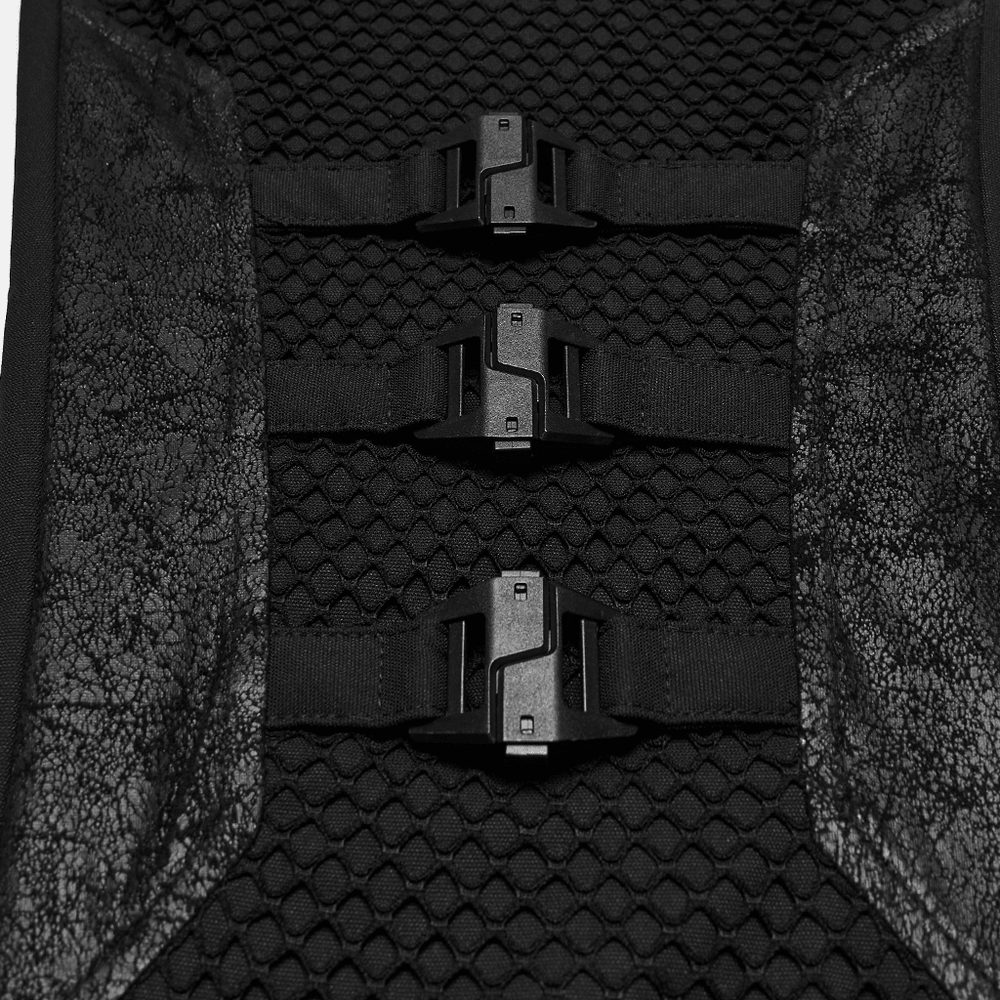 Black Punk Mesh Buckle Pants with Textured Front showcasing detailed buckle design and textured fabric.