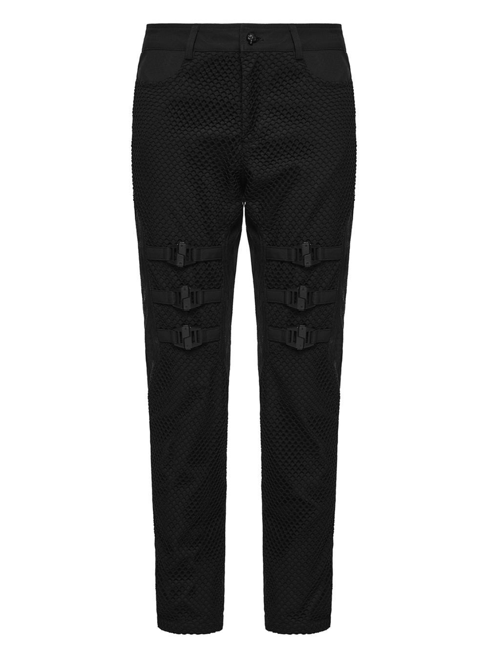 Black Punk Mesh Buckle Pants with Textured Front showcasing a bold 3D surface and striking symmetrical buckles.