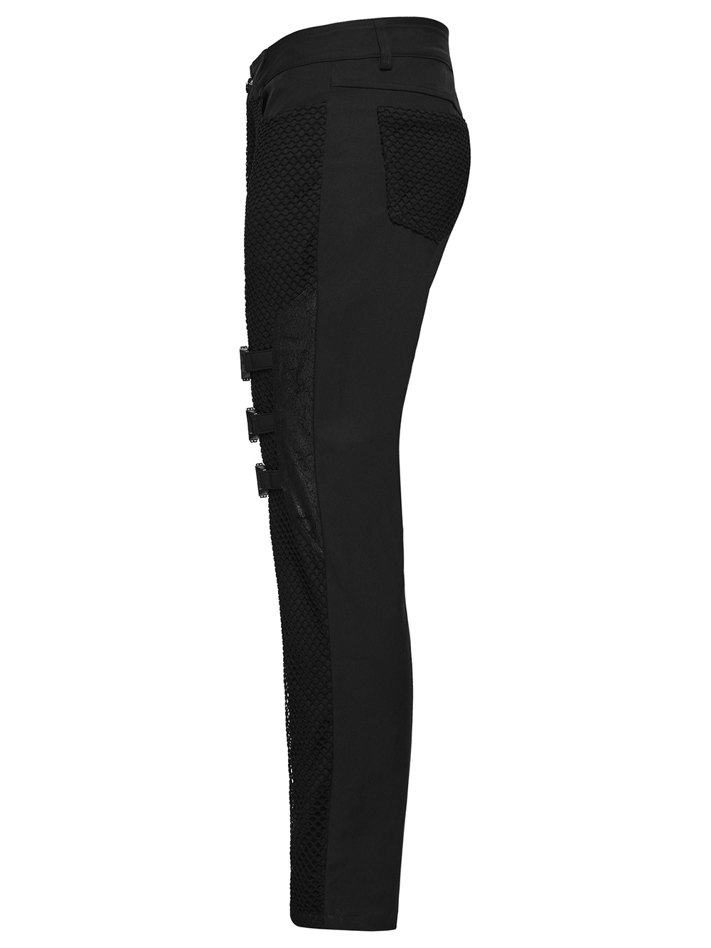 Black Punk Mesh Buckle Pants with Textured Front side view showcasing the dark mesh panels and buckles.