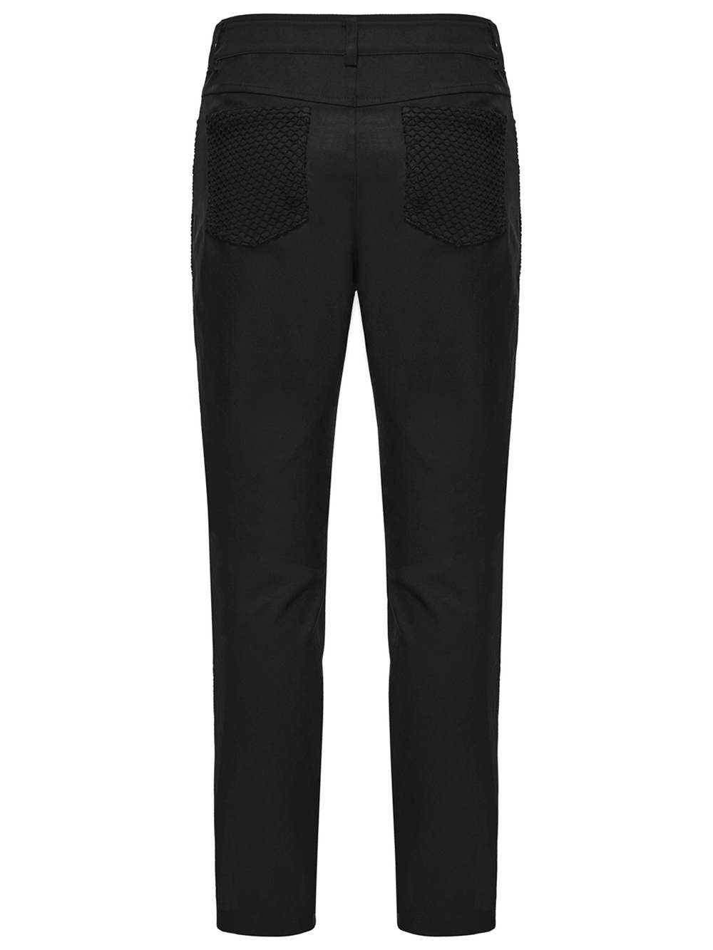 Black Punk Mesh Buckle Pants with Textured Front seen from the back, showcasing the stylish mesh pockets and sleek design.