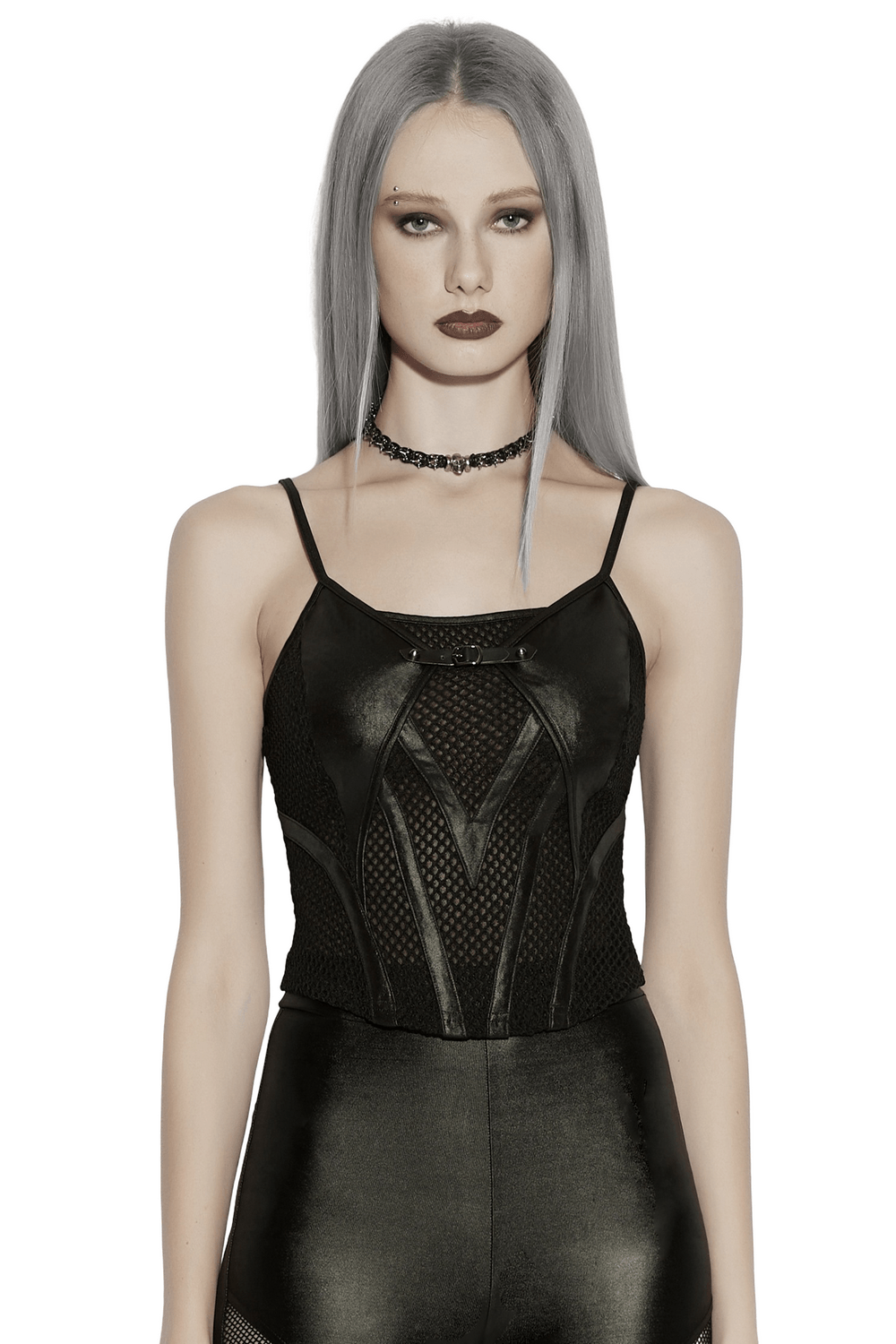 Black Punk Mesh Camisole Top With Faux Leather modeled by a model with gray hair, showcasing the bold, fitted style.