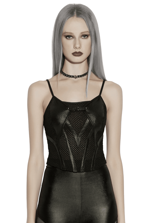Black Punk Mesh Camisole Top With Faux Leather
