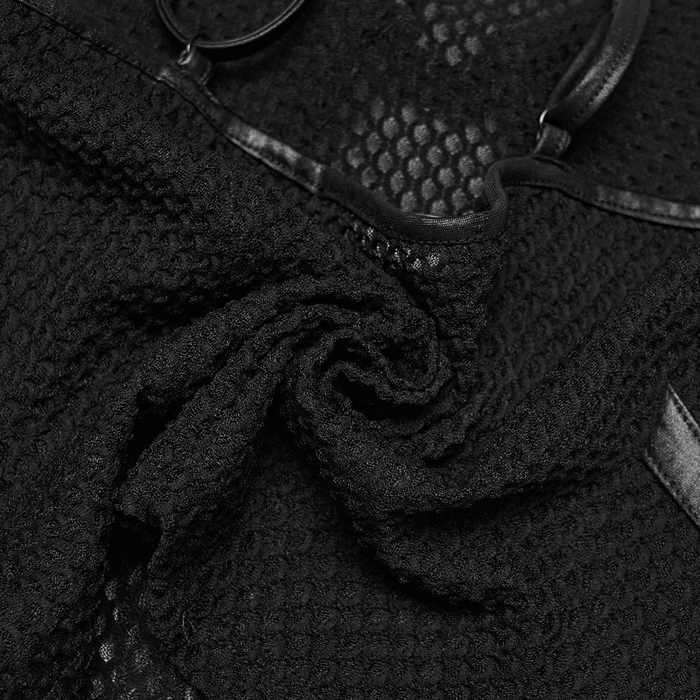 Black Punk Mesh Camisole Top With Faux Leather showing textured fishnet fabric and sleek detailing.