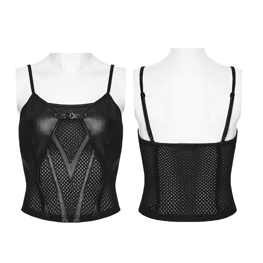 Black Punk Mesh Camisole Top With Faux Leather showcasing a bold fishnet panel and sleek design for edgy clubwear.