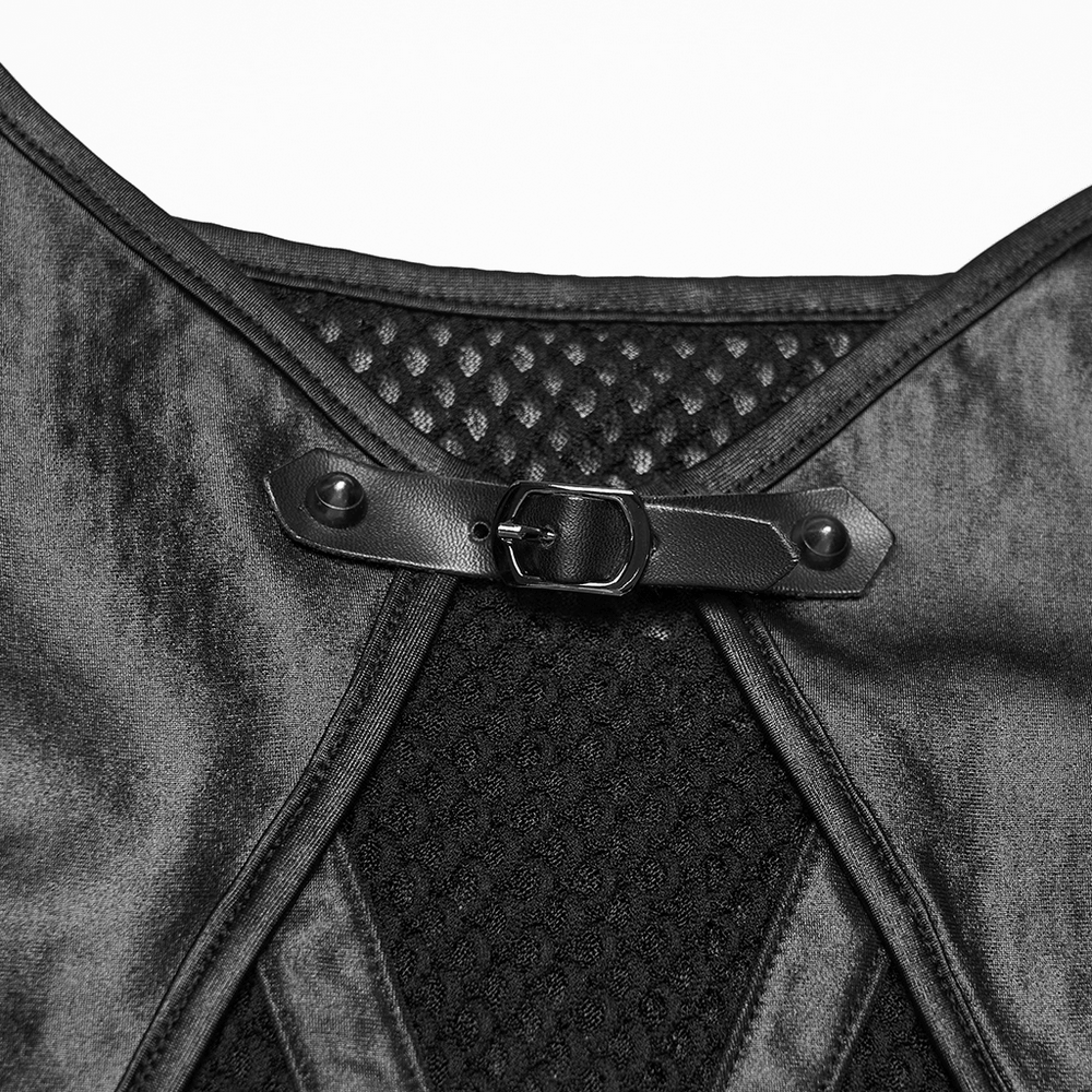 Black Punk Mesh Camisole Top With Faux Leather showcasing fishnet panel and sleek buckle detail.