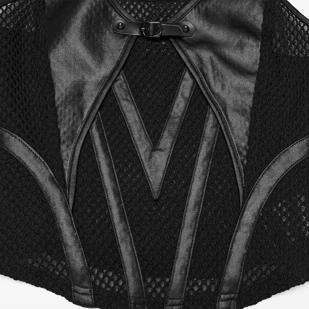 Black Punk Mesh Camisole Top With Faux Leather detail featuring fishnet and sleek faux leather panels.