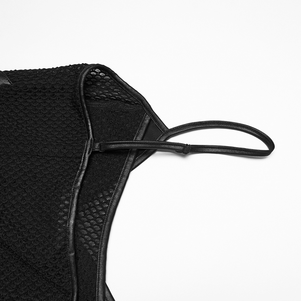 Black Punk Mesh Camisole Top With Faux Leather featuring fishnet panel and sleek straps on a black background.