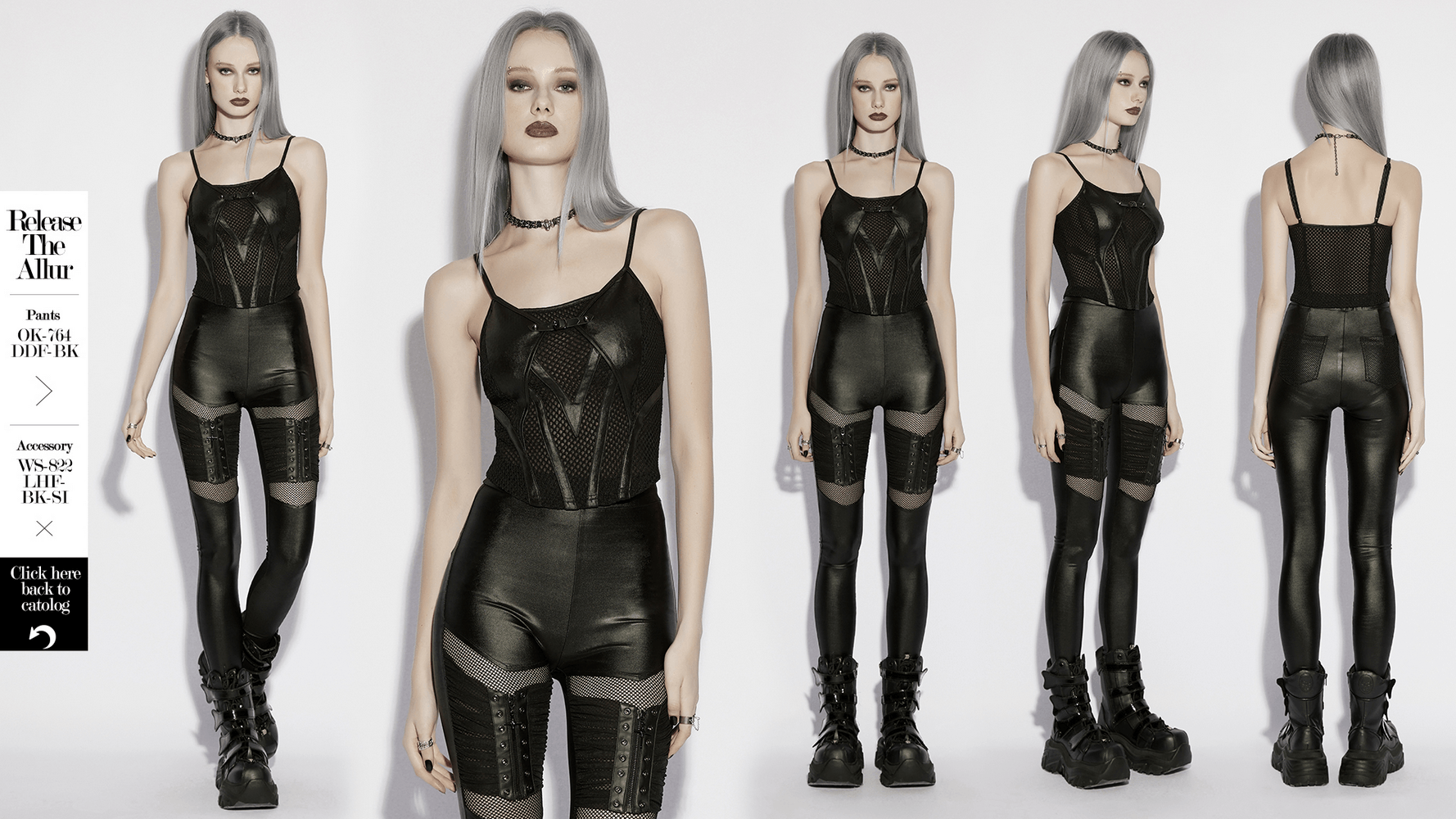 Black Punk Mesh Camisole Top With Faux Leather showcased on a model, featuring a sleek fitted design and edgy clubwear appeal.