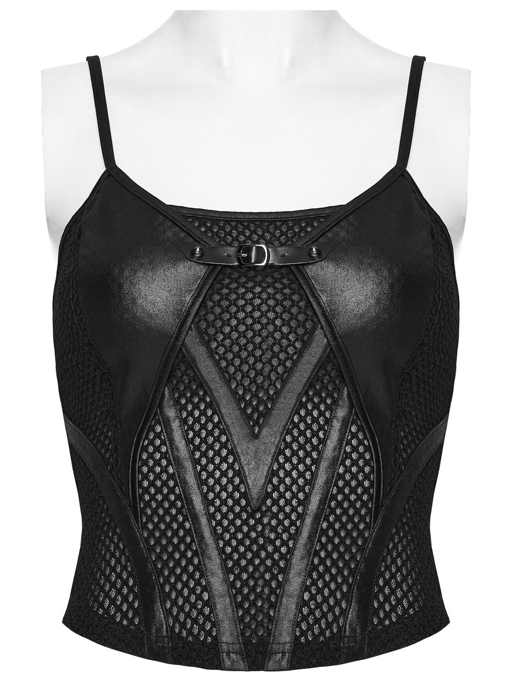 Black Punk Mesh Camisole Top With Faux Leather featuring fishnet panel and sleek silhouette.