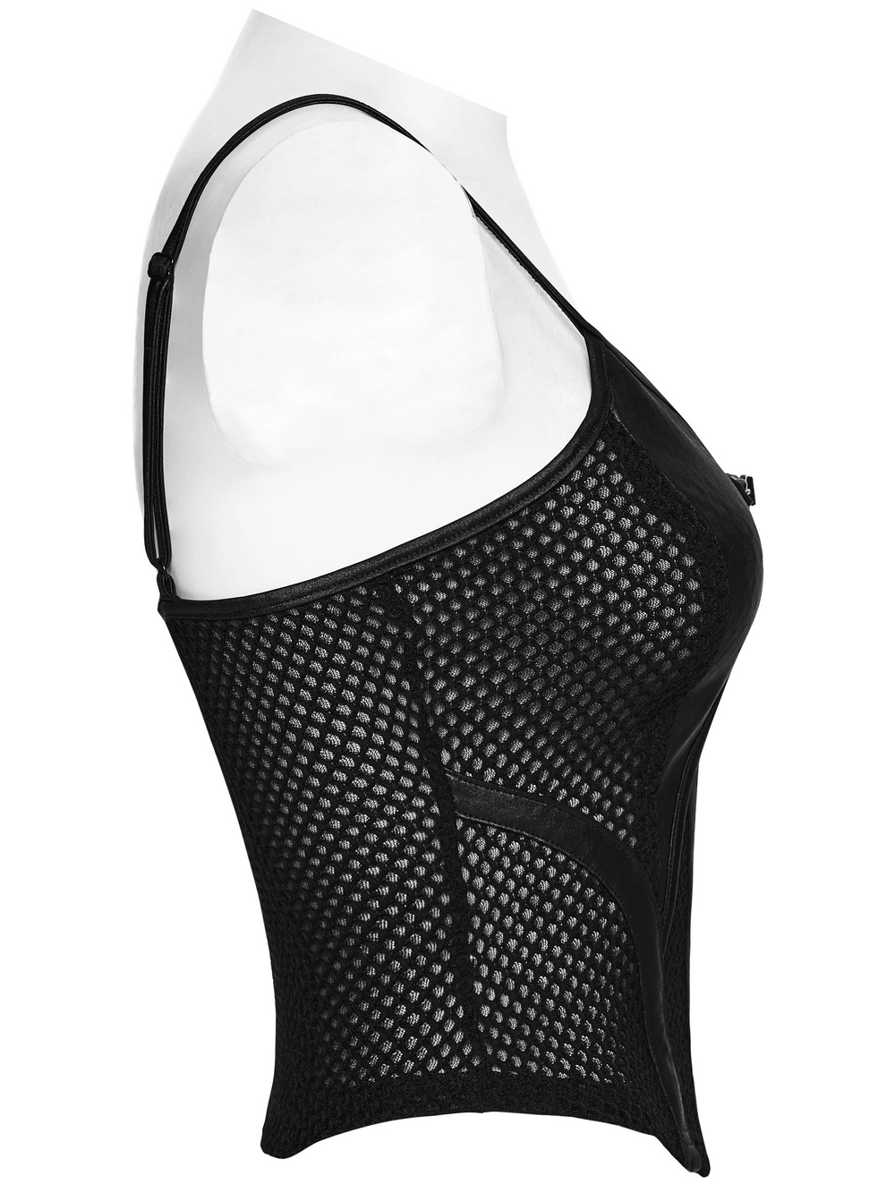 Black Punk Mesh Camisole Top With Faux Leather, showcasing a side view of the fitted fishnet design and structured detailing.
