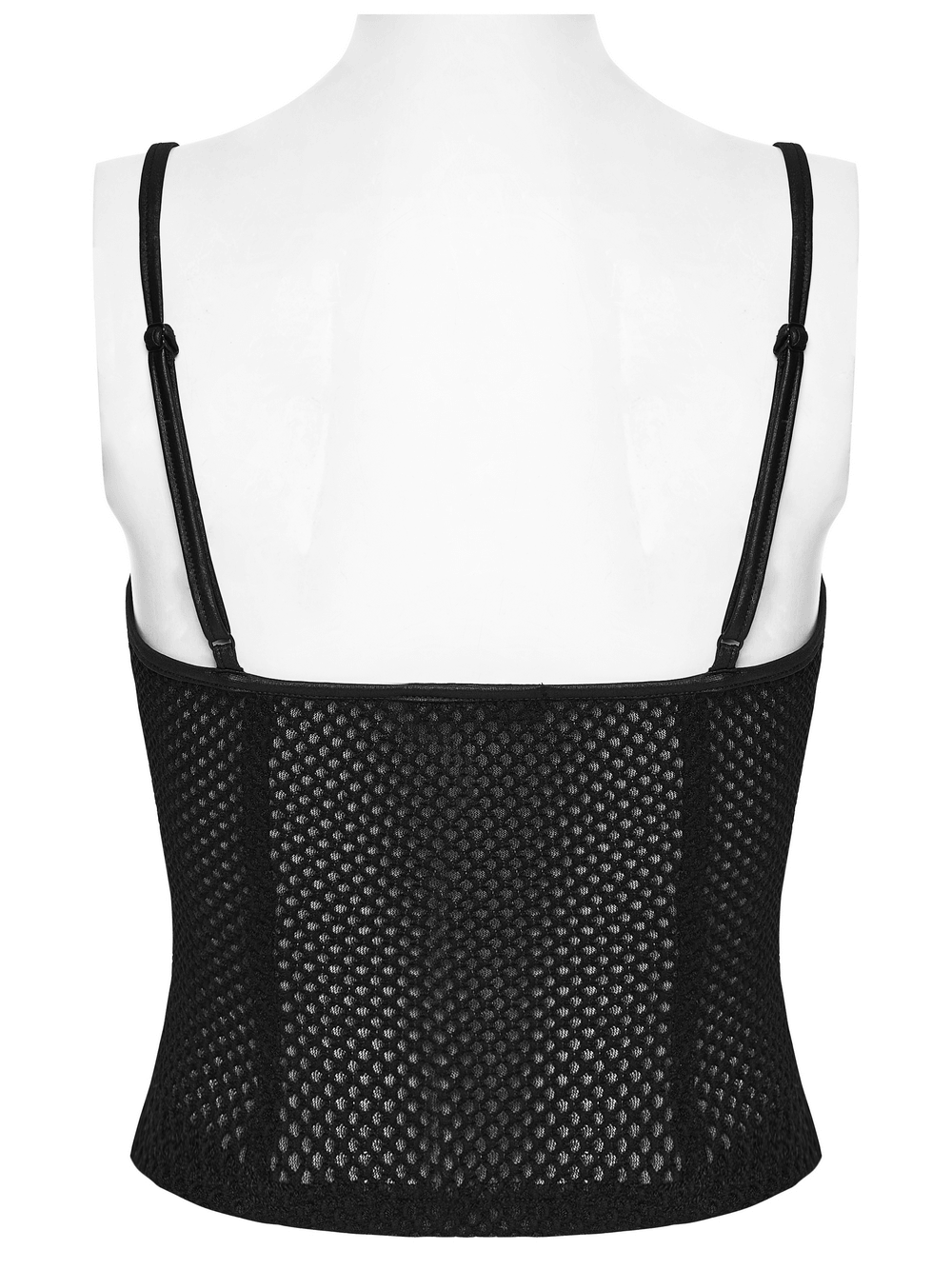 Black Punk Mesh Camisole Top With Faux Leather back view showcasing the fishnet panel design and sleek silhouette.